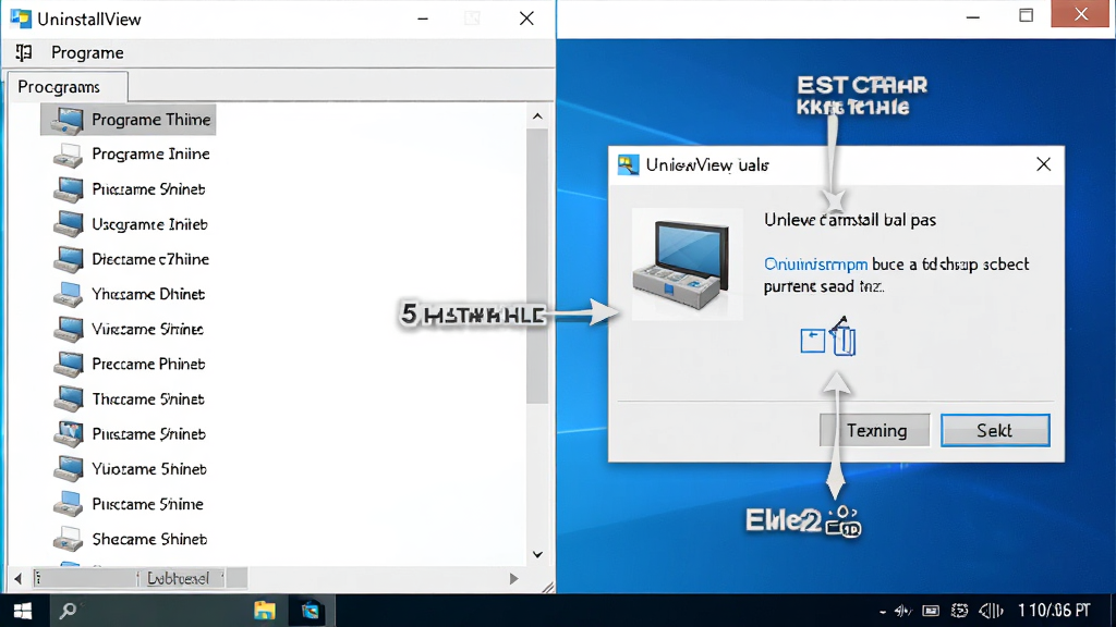UninstallView 软件操作流程示意图,左侧显示程序列表,右侧显示卸载确认对话框,界面标注操作步骤编号,Windows 风格,简洁清晰,背景干净,高清画质,无多余元素