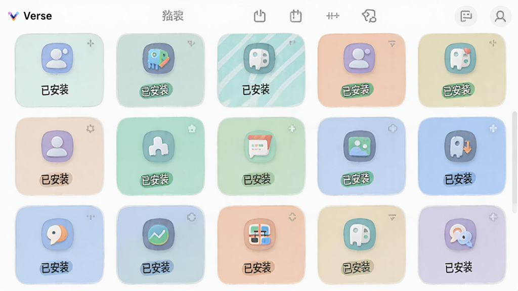 一个软件插件管理界面,网格状排列着多个插件卡片,每个卡片有图标和名称,部分卡片显示“已安装”标签,界面风格柔和圆角,配色清新,布局规整,细节精致,画质干净,图中包含文字“Verse”