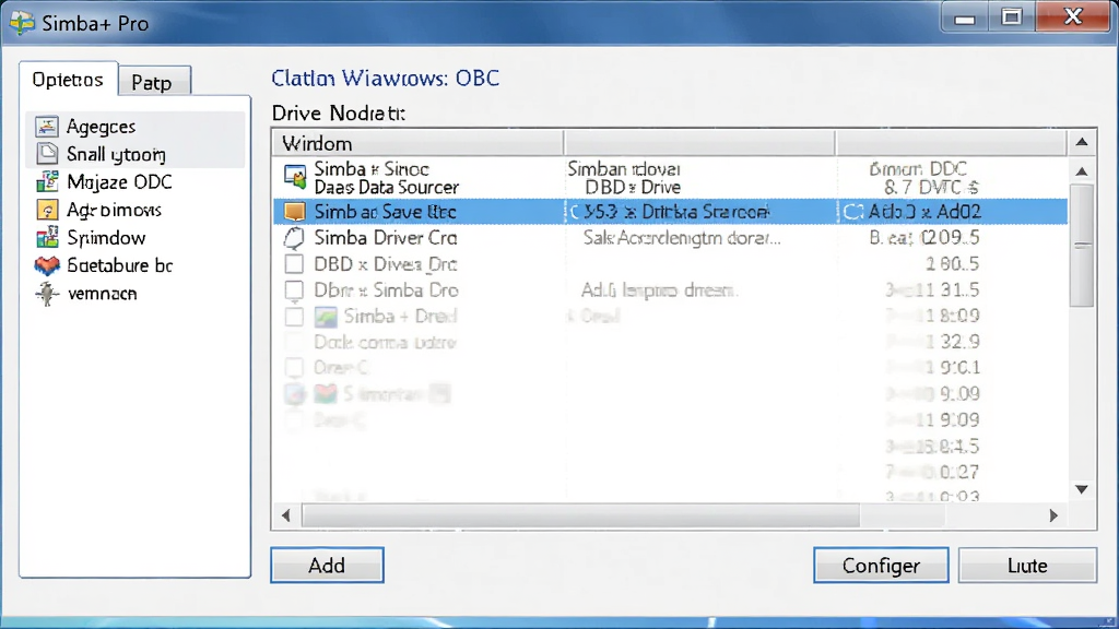 һ��չʾ Simba+ Pro �� Windows ϵͳ�� ODBC ����Դ���������ý����ͼƬ������Ϊϵͳ���������������б�������Ϊ���ѡ����Ҳ����������б����Ű����������Ϊ Windows ����ϵͳ������ϸ�ڰ��� Simba ������Ŀ�����Ӱ�ť�����ð�ť�����ʸ��壬�ɾ����޶���Ԫ��