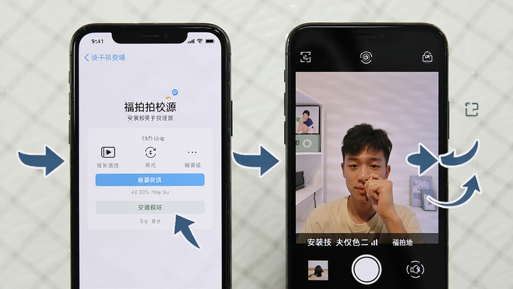 一张展示福拍拍新手操作步骤的图片,画面中手机屏幕显示安装权限设置界面和拍摄界面,旁边有箭头标注操作步骤,风格简洁明了,画质清晰,干净无多余元素