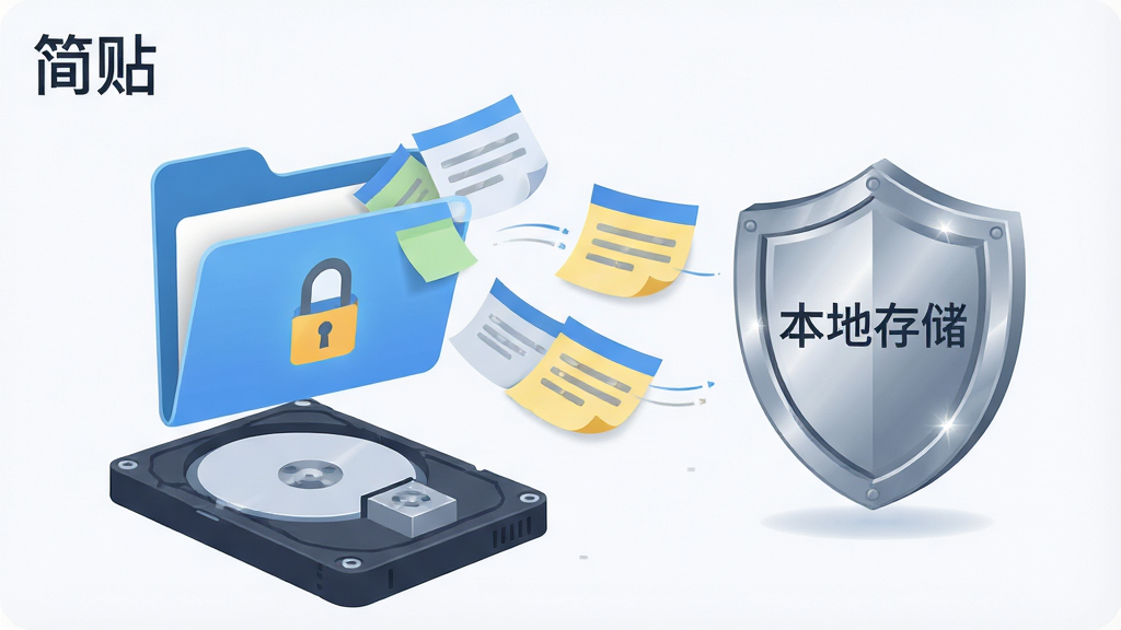 一张示意图,展示一个带有锁形图标的文件夹悬浮在电脑硬盘上方,文件夹中飞出几张带有文字的数字便签纸,便签纸飞向一个标有“本地存储”的盾牌图标。画面布局左右对称,风格为扁平化科技插画,细节上盾牌有金属光泽,便签纸有轻微的飘动感。画质清晰,干净无多余元素,图片中打文字“简贴”。