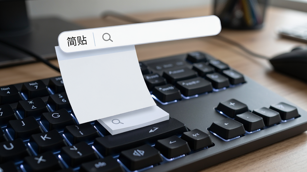 一张电脑键盘特写图,画面中按下了一个发光的快捷键组合,键盘上方浮现出一张空白的数字便签纸和一条搜索框,搜索框内显示有放大镜图标。背景是虚化的办公桌面。布局紧凑,风格为写实与UI结合,细节上按键有背光效果,便签纸边缘清晰。画质锐利,干净无杂物,图片中打文字“简贴”。