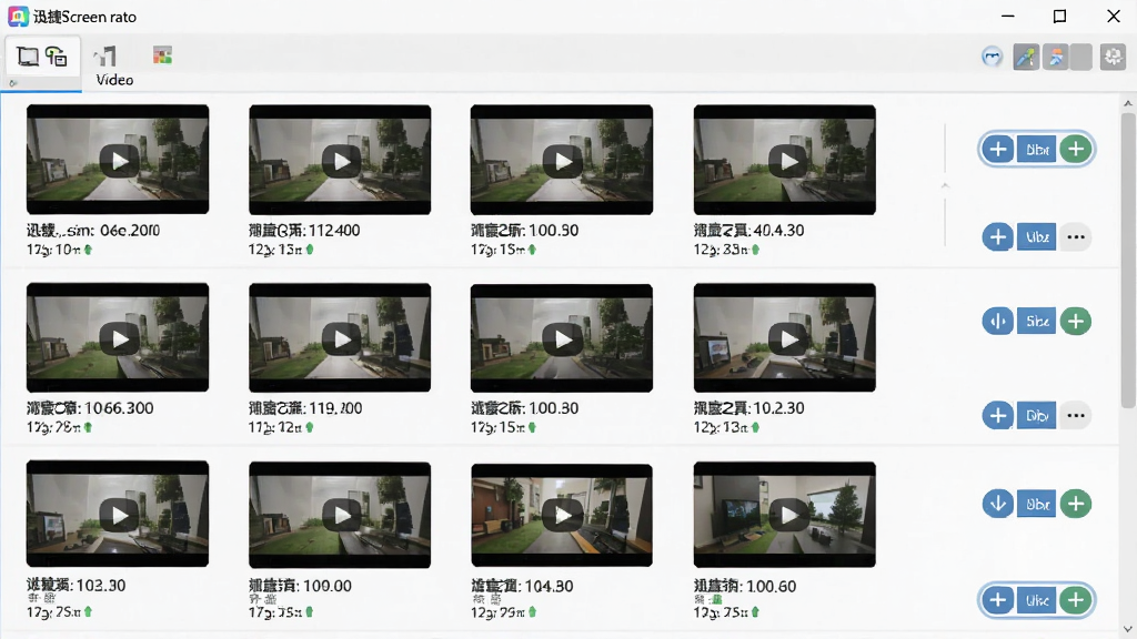 一张展示迅捷屏幕录像工具录制完成后视频文件列表的图片,主体是软件界面中的文件管理区域,布局为列表形式排列的视频缩略图,排版整齐,风格为简约现代UI,细节包括文件名、时长、大小和操作按钮,画质高清,干净,无多余元素