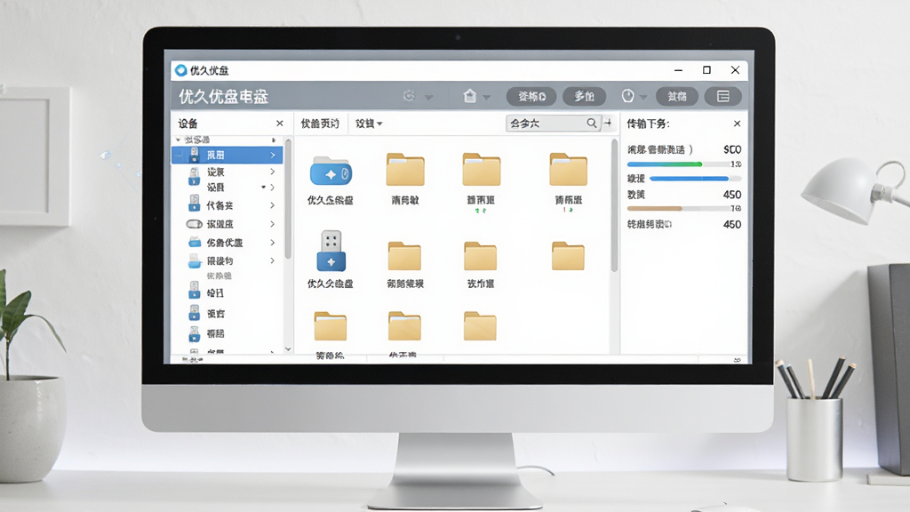 一张展示优久优盘客户端软件界面的全景图,主体为电脑屏幕中打开的优久优盘客户端主窗口,布局清晰分为左侧设备列表、中间文件浏览区、右侧传输任务栏,排版整齐对称,风格为现代简约科技风,细节包含U盘图标、文件夹图标、进度条与传输速度显示,画质高清、干净、无多余元素。
