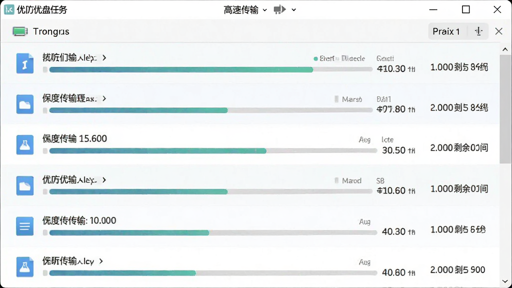 优久优盘客户端高速传输文件时的进度界面,主体为软件主窗口中的传输任务列表,布局纵向排列多个文件传输条目,排版整齐,风格为清爽浅色系,细节包含进度条、速度数值与剩余时间,画质高清、干净、无多余元素。