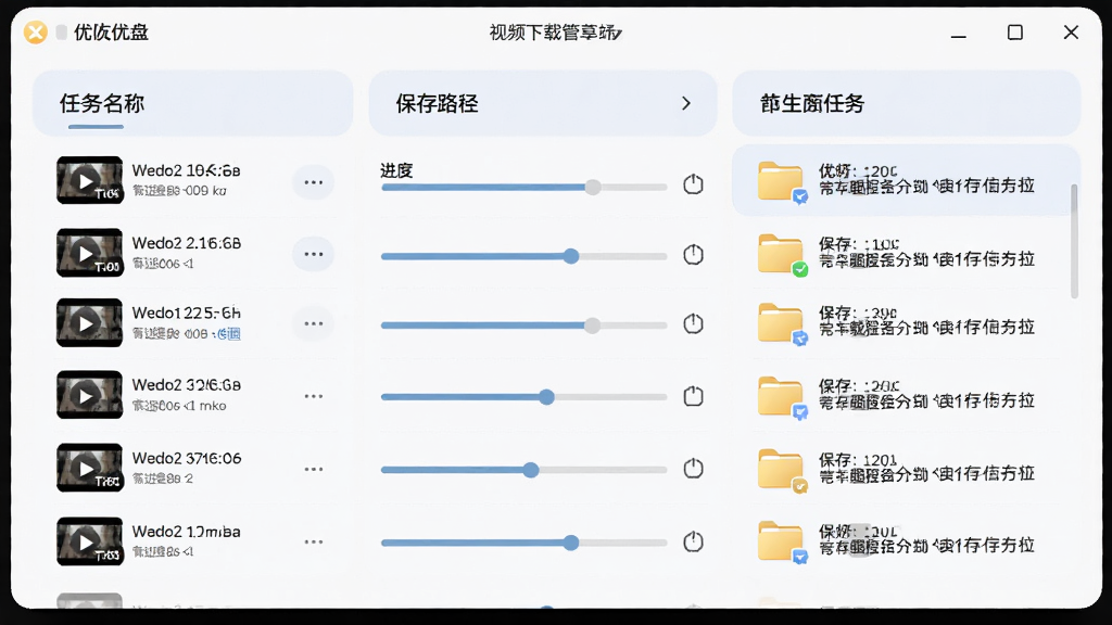 优久优盘客户端视频下载管理界面,主体为软件窗口展示下载队列与已完成任务,布局分栏显示任务名称、进度与保存路径,排版清晰,风格为柔和圆角设计,细节包含视频缩略图与文件夹图标,画质高清、干净、无多余元素。