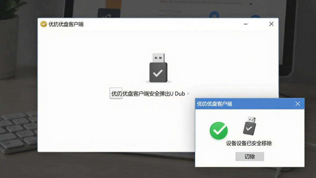 优久优盘客户端安全弹出U盘提示界面,主体为软件右下角弹窗显示设备已安全移除,布局小巧精致,排版居中,风格为简约商务风,细节包含绿色对勾图标与U盘图标,画质清晰、干净、无多余元素。