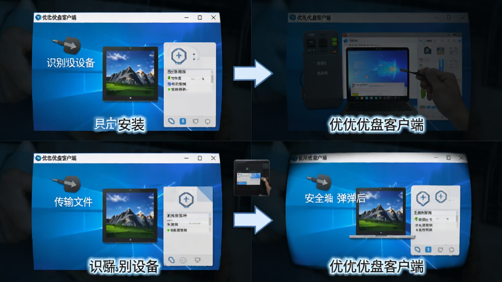 优久优盘客户端在Windows电脑上的新手操作流程图,主体为软件界面分步截图拼接,布局从上到下展示安装、识别设备、传输文件、安全弹出四个步骤,排版整齐,风格为教程图解风,细节包含箭头指引与文字标注,画质高清、干净、无多余元素。