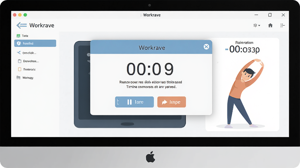 Workrave �����������Ӿ�������Ϊ������Ļ���뵯����Ϣ���Ѵ��ڣ�����Ϊ����������Ӽ�ʱ����壬�Ű���þ��жԳƷ�ʽ�����Ϊ�ִ���Լ��ƽ����ƣ�ϸ�ڰ�������ʱ���֡���ͣ��ť��������ť��������չ�廭�����ʸ��壬�ɾ����޶���Ԫ��