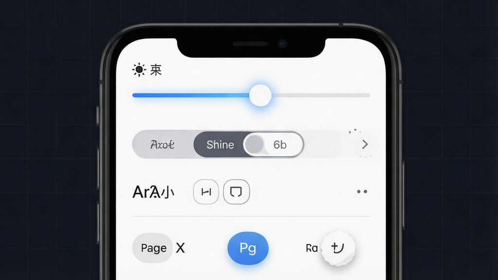 一张展示PDF全能阅读器个性化设置面板的示意图,主体是手机屏幕特写,屏幕上显示着阅读设置菜单,包含亮度调节滑块、主题切换按钮、字体大小选项和翻页动画选择,布局为手机居中放置于深色背景中,排版采用聚焦UI细节的构图,风格为现代扁平化设计,细节包括滑块带有微光效果、按钮有轻微按压反馈动画感、背景有淡淡的网格纹理,画质为高清,干净整洁