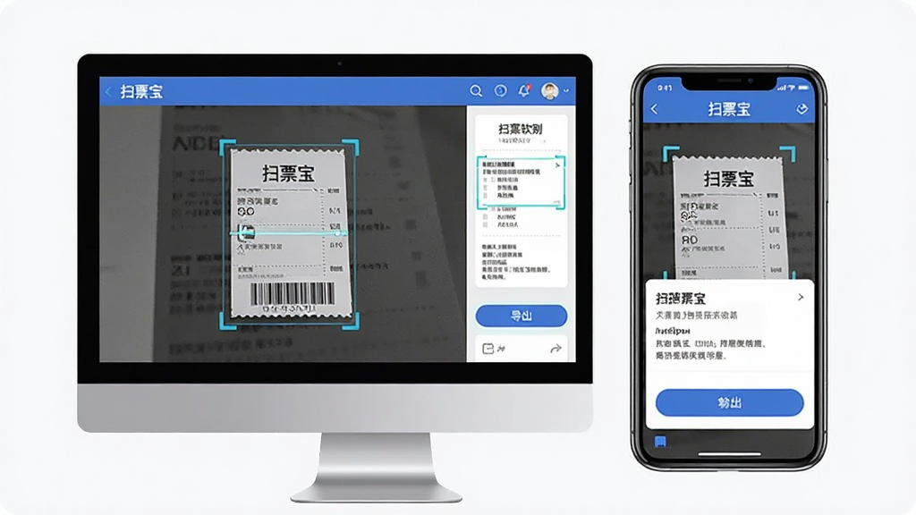 一张展示扫票宝软件界面的图片,主体是电脑屏幕和手机屏幕并排显示扫票宝应用,屏幕上呈现票据扫描识别过程,布局采用左右分栏对比,排版清晰有序,风格为现代科技感扁平化设计,细节包括票据图像、识别框、文字提取结果和导出按钮,画质高清,画面干净,无多余元素。