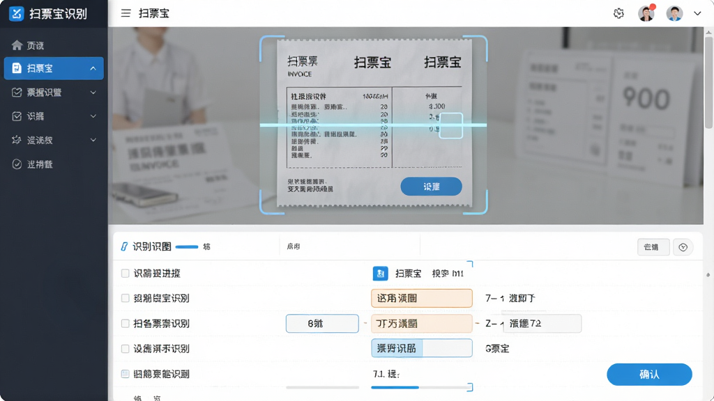 一张展示扫票宝智能票据识别功能的图片,主体是软件界面中一张发票正在被扫描识别,布局为中心突出识别区域,排版采用上下结构,上方为票据原图,下方为识别出的文字字段列表,风格为简洁商务科技风,细节包括发票图像、识别进度条、字段高亮框和确认按钮,画质清晰,画面干净,无多余元素。