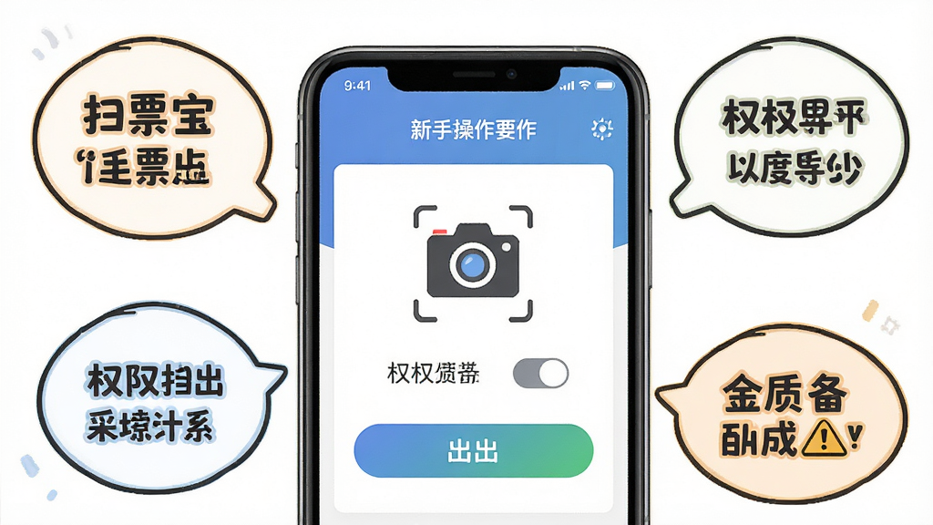 一张展示扫票宝新手操作要点的图片,主体是软件界面旁配有文字提示气泡,布局为中心界面加四周标注,排版活泼,风格为友好指导风,细节包括相机图标、权限开关、导出按钮和警告标识,画质清晰,画面干净,无多余元素。
