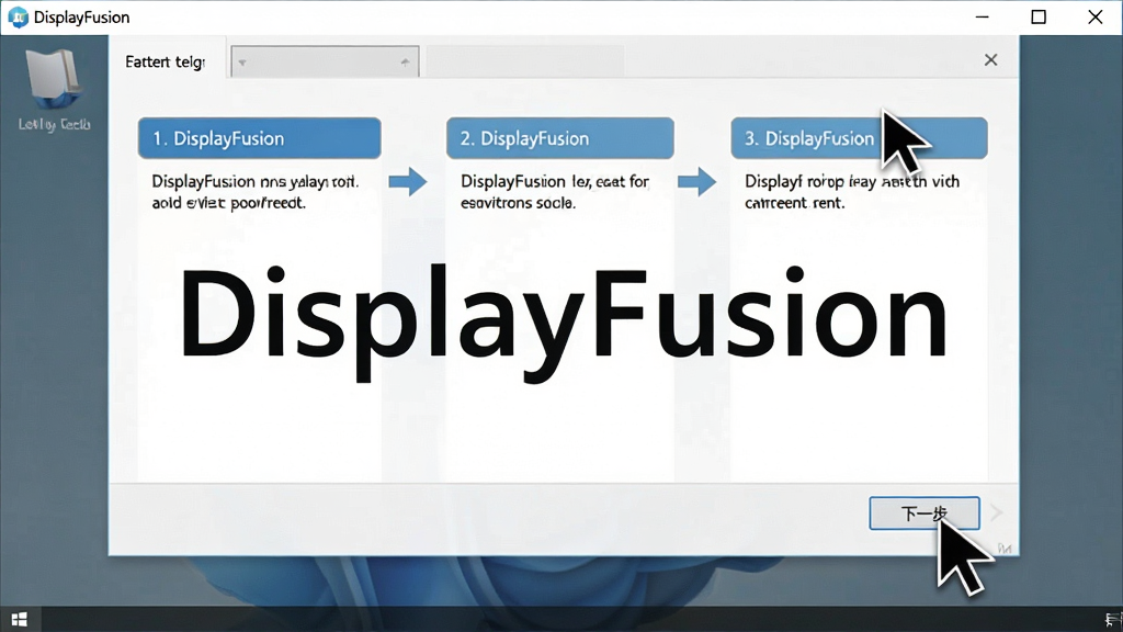 һ��չʾDisplayFusion�������ý����ͼƬ�������е�����Ļ����ʾ�����ķֲ������򵼣��Ա������ָ��ָ����һ������ť�����������С�DisplayFusion�����֣����Ϊ���̷̳磬�����������ɾ��޶���Ԫ��