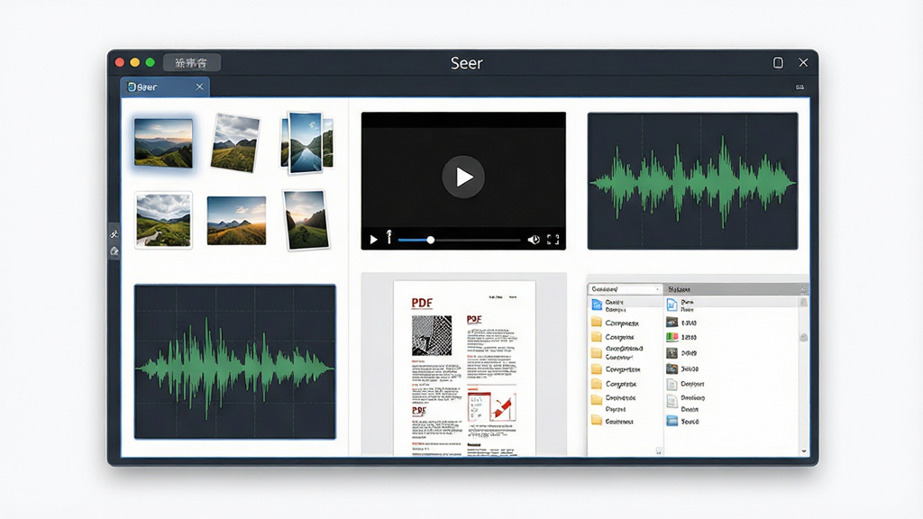 一张以“Seer”软件多格式兼容为主题的展示图,画面中央是软件界面,界面内同时展示图片缩略图、视频播放窗口、音频波形图、PDF文档页面、压缩包文件列表等多种格式预览内容,布局为网格状排列,排版整齐有序,风格科技感与实用性结合,细节包括各类文件格式图标、预览内容缩略图、界面边框,画质高清,干净,无多余元素