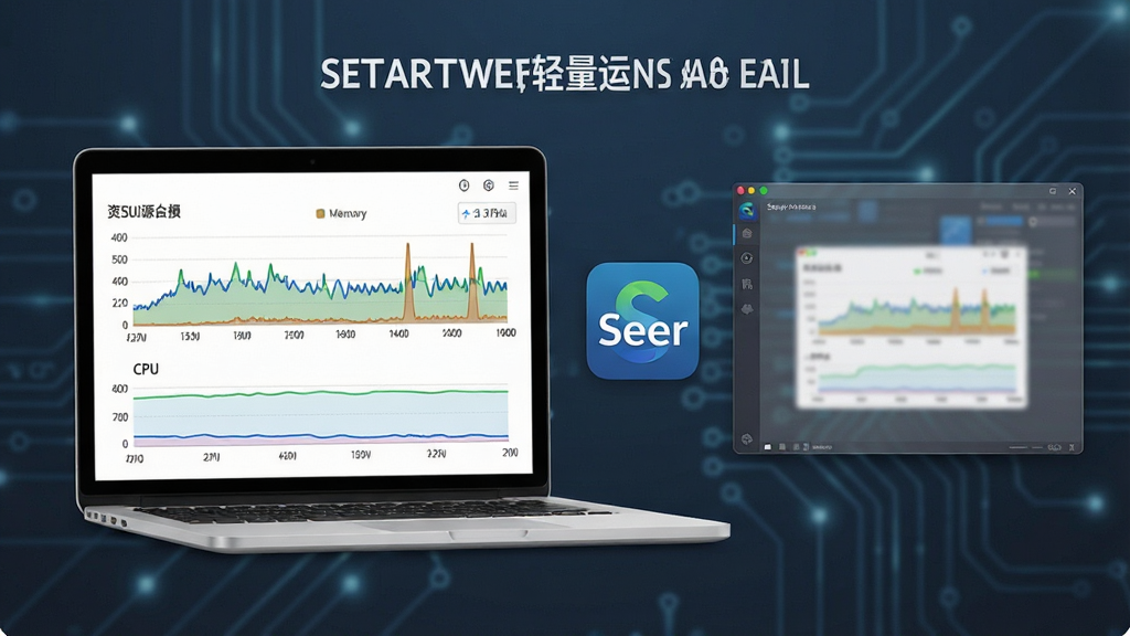 一张以“Seer”软件轻量运行概念为主题的示意图,画面中一台笔记本电脑屏幕显示资源占用监控图表,图表中 CPU 和内存占用曲线平稳处于低位,旁边是 Seer 软件图标和半透明预览窗口,布局为左侧图表右侧软件界面,排版简洁,风格商务科技感,细节包括性能监控图表、软件图标、预览窗口,画质高清,干净,无多余元素