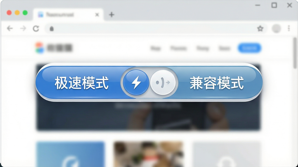 一张表现浏览器双核切换功能的示意图,主体是一个悬浮在浏览器窗口上方的切换按钮,左侧标注“极速模式”右侧标注“兼容模式”,布局采用左右对称,排版简洁,风格为扁平化UI设计,细节包括按钮的光泽质感、背景虚化的网页内容,画质清晰,干净,无多余元素