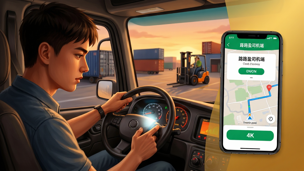 ��������Ϊһλ����˾�����ڻ�����ʻ���ڣ���ͷ�����ֻ���Ļ����Ļ����ʾ��··ӯ˾���ˡ��Ľӵ��ɹ�ҳ���뵼��·�ߡ����ֲ������ַ���ͼ������λ����࣬�ֻ���Ļλ���Ҳ�ƽ�ָ�㡣�Ű��ϣ�����Ϊ�ƻ�ʱ�ֵ�����԰����Զ���л�����泵�����Ϊ��ůдʵ�廭��ϸ�ڰ����ֻ���Ļ�ϵ���ɫ�ӵ���ť���Ǳ��̵ƹ⡢˾��רע�ı��顣����Ϊ4K�����壬����ɾ����޶���Ԫ�ء�