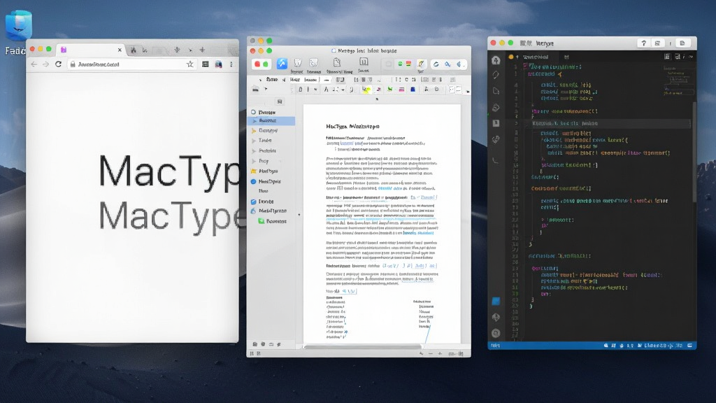 一张展示 MacType 在多个应用程序中生效的图片,主体为电脑桌面同时打开浏览器、文档编辑器和代码编辑器三个窗口,布局为三窗口平铺,排版清晰,风格为真实桌面截图风,细节包含每个窗口中清晰平滑的字体显示效果,画质高清,画面干净,无多余元素