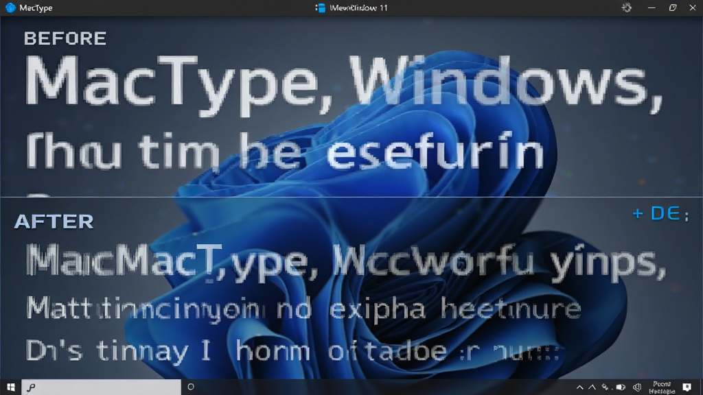 一张展示 MacType 在 Windows 11 系统下字体渲染前后对比的图片,主体为同一段文字在启用前后的效果对比,布局为上下排列,排版简洁,风格为写实屏幕截图风,细节包含清晰的笔画差异和抗锯齿效果,画质高清,画面干净,无多余元素