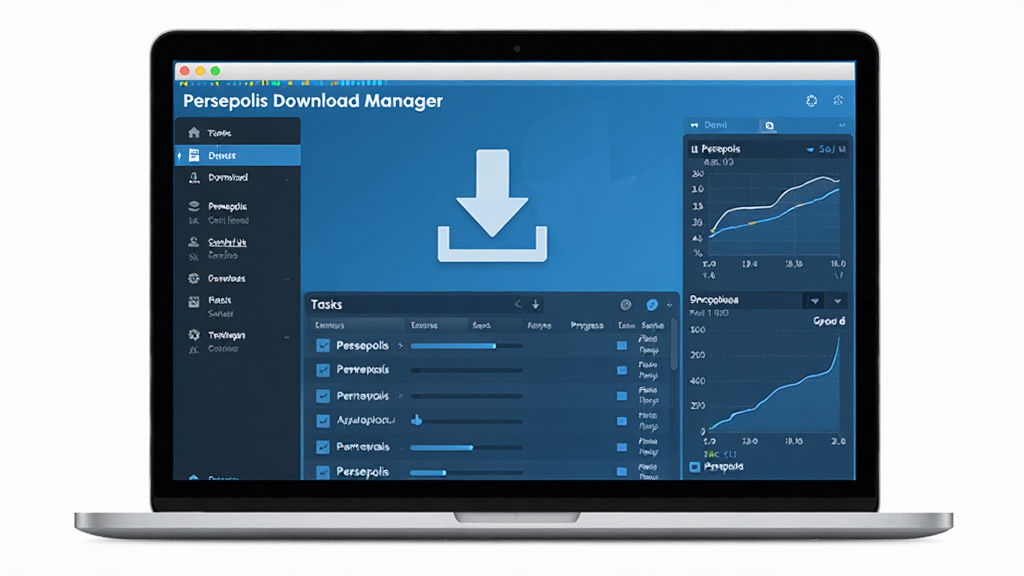 ����Ϊһ̨�򿪵ıʼǱ����ԣ���Ļ������չʾ Persepolis Download Manager ���������棬����������һ����Ŀ�����ؼ�ͷͼ���������б������ֲ������ַ���ͼ�����Ϊ���ܵ��������Ҳ�Ϊ����������壬�Ű������򣬷��Ϊ�ִ���ƽ���Ƽ�������ϸ�ڰ��������ϵĽ��������ٶ�����ͼ������Ϊ4K���壬����ɾ��޶���Ԫ�ء�
