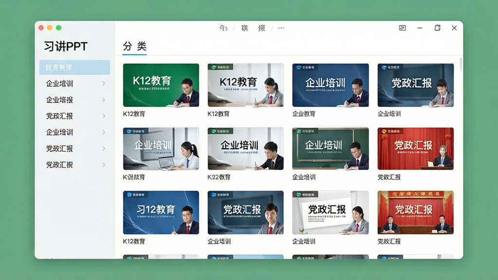 一张展示“习讲PPT”模板库界面的预览图,主体为软件模板选择窗口,布局采用网格排列,左侧为分类导航栏,右侧为模板缩略图展示区,排版整齐,风格为清新教育风,细节包含“K12教育”“企业培训”“党政汇报”等分类标签与多张模板预览小图,画质清晰,干净,无多余元素