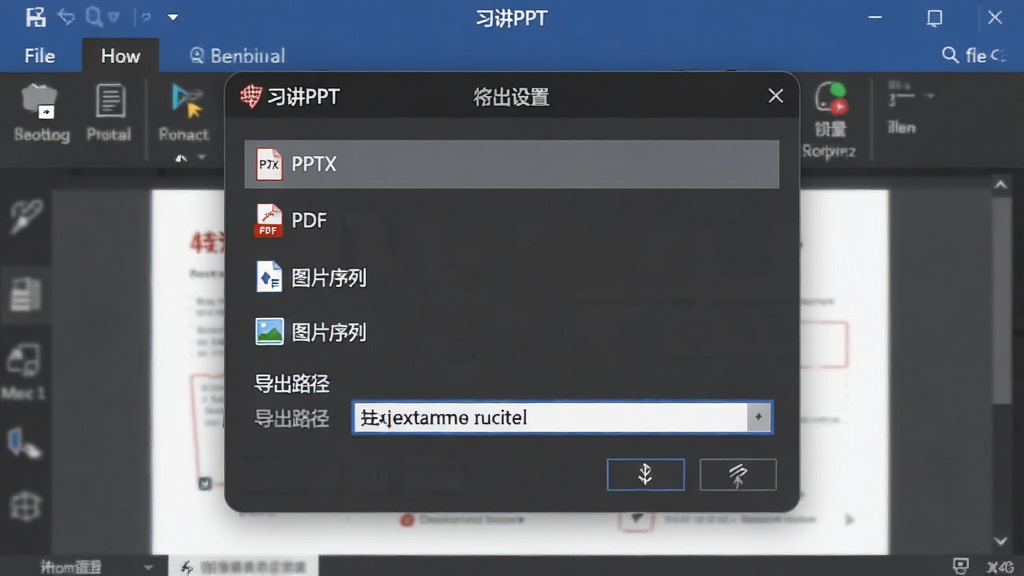一张展示“习讲PPT”导出选项界面的预览图,主体为软件导出设置弹窗,布局采用垂直排列选项,排版简洁,风格为商务办公风,细节包含“PPTX”“PDF”“图片序列”等格式选项与导出路径选择框,画质清晰,干净,无多余元素