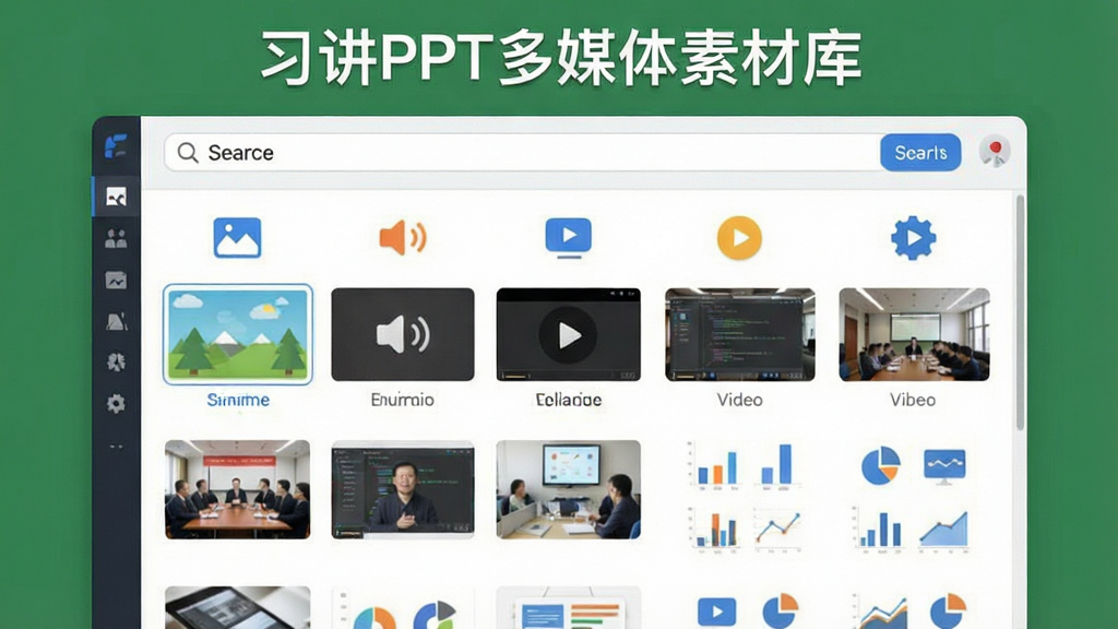 一张展示“习讲PPT”多媒体素材库的预览图,主体为软件内素材检索面板,布局采用顶部搜索栏加下方素材缩略图网格,排版直观,风格为现代扁平风,细节包含图片、音频、视频、图表等分类图标与素材预览小图,画质清晰,干净,无多余元素