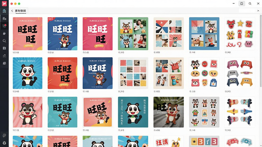 一张展示图旺旺模板素材库的界面图,主体为软件素材面板,布局为网格状缩略图排列,排版为多行多列展示,风格为色彩丰富的扁平化设计,细节包括各类海报模板、拼图版式、贴纸标签的缩略图预览,画质高清,干净,无多余元素