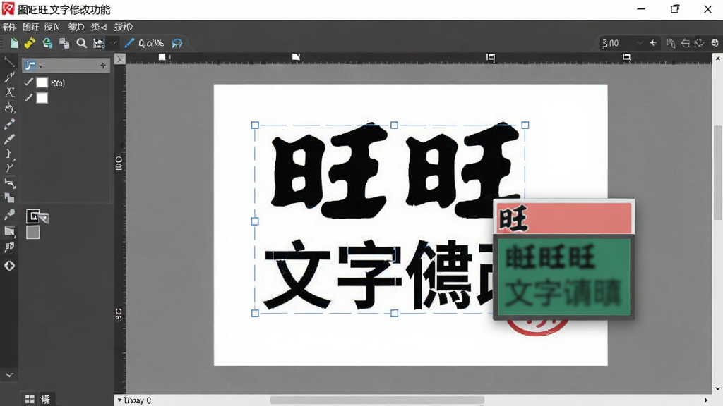 一张展示图旺旺文字修改功能的操作界面图,主体为软件工作区,布局为上方菜单栏、左侧工具选择区、中央画布显示一张带有文字的商品图片,排版为横向宽屏比例,风格为写实软件截图风格,细节包括画布中文字被框选后弹出编辑框、背景颜色自动匹配填充的效果,画质高清,干净,无多余元素