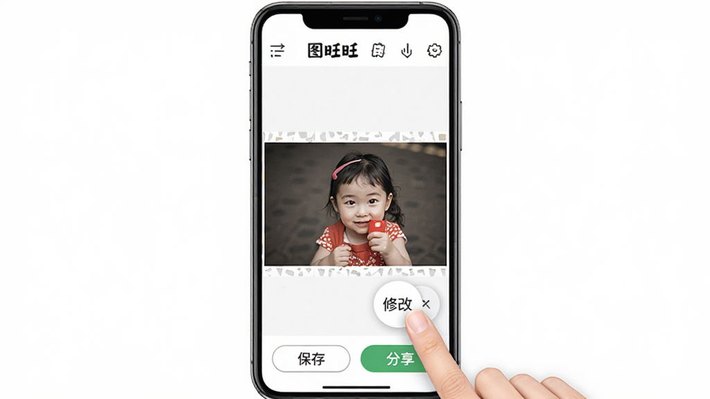 一张展示图旺旺移动端操作界面的示意图,主体为手机屏幕中的图旺旺应用界面,布局为上方工具栏、中间图片预览、下方功能按钮,排版为竖屏手机比例,风格为清爽的移动应用设计风格,细节包括手指正在点击文字修改按钮、屏幕中显示一张待编辑的图片、底部有保存与分享选项,画质高清,干净,无多余元素