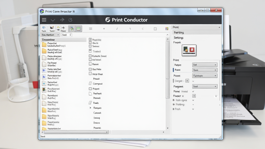 һ��չʾ Print Conductor ����������ĳ���ͼ�������������������ڣ������ʾ�ļ��б������Ҳ��Ǵ�ӡ������壬�����Ϸ��� Print Conductor ����������������İ칫���棬��������һ̨��ӡ���������ֽ�ţ������������񣬻����������ɾ����޶���Ԫ��