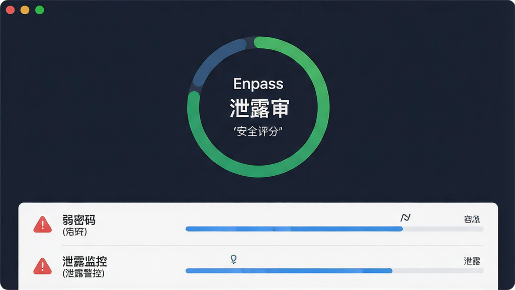 一张展示Enpass密码审计与泄露监控功能的图片,主体是软件界面中的安全仪表盘,布局为上方显示安全评分圆环,下方列出弱密码和泄露警告列表,排版清晰层次分明,风格为现代UI设计风,细节包括红色警告图标、绿色安全标识、蓝色进度条,画面中文字必须加引号如