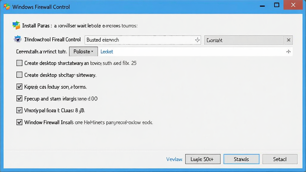Windows Firewall Control ��װ�򵼽����ͼ������չʾ������װ�����е�ѡ��ҳ�棬������װ·��ѡ�񡢴��������ݷ�ʽ�������������ȸ�ѡ�򣬽�����Ϊ��׼�� Windows ��װ������ʽ����ɫΪ��ɫ��ǳ��ɫ����Ļ�Ϸ��С�Windows Firewall Control�����⣬�����ɾ�����������