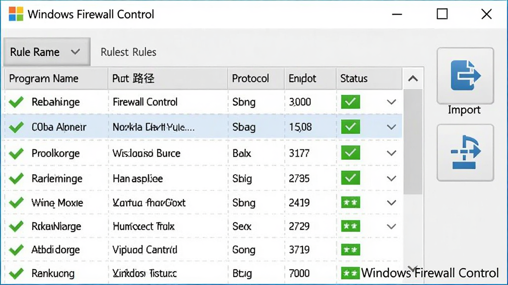 Windows Firewall Control �������������д������չʾһ������״�����б��������������ơ�·����Э�顢�˿ڡ�״̬���У����ֹ���ǰ����ɫ�Թ���ʾ�����ã������Ҳ��е��뵼����ťͼ�꣬������Ϊ��ˬ��ǳɫ����磬��Ļ�����С�Windows Firewall Control��ˮӡ�����ʸɾ�����