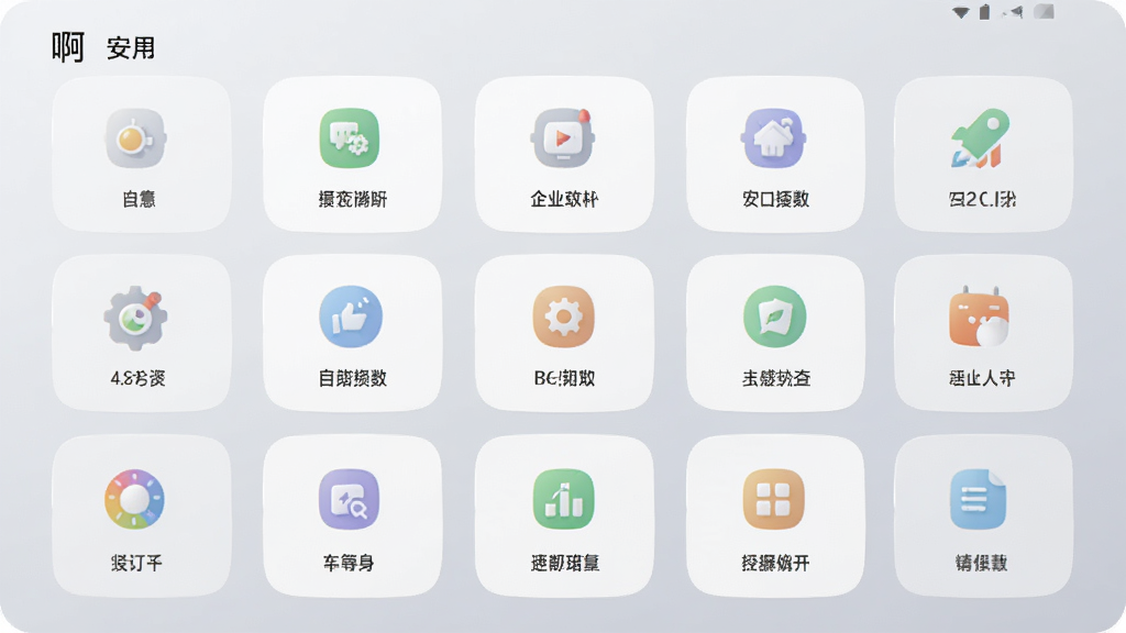 主体是一款名为啊的安卓应用功能展示界面,布局为网格状功能图标排列,排版为三列多行布局,风格为柔和圆角卡片设计,细节为每个功能图标配文字标签,背景为浅灰色渐变,画质高清干净无多余元素