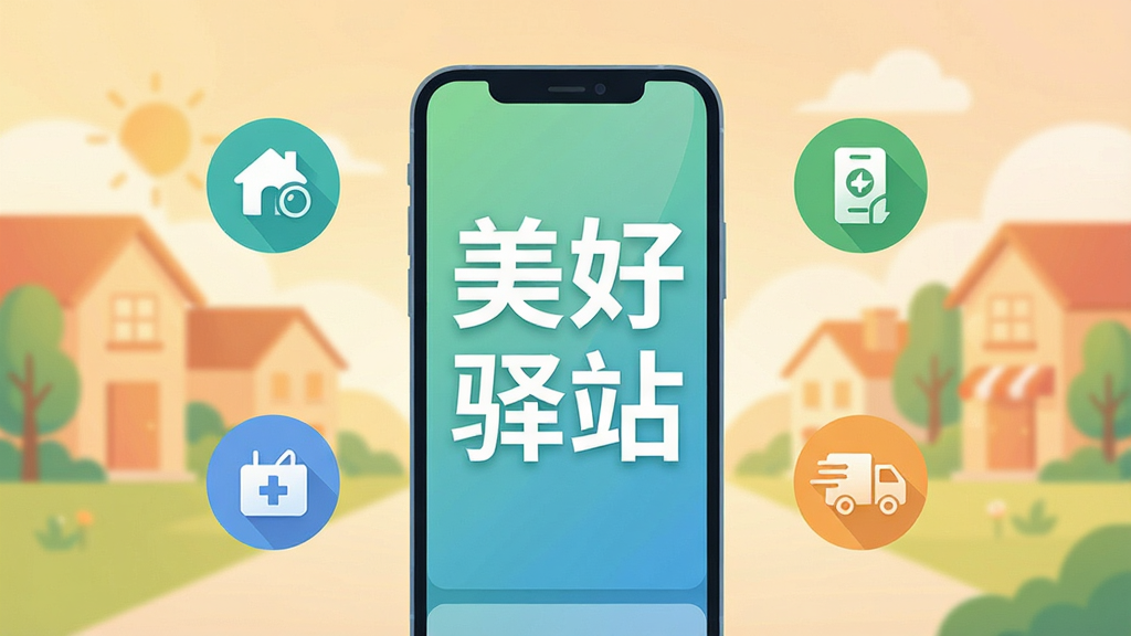 一幅展现现代数字生活服务的插画,画面中央是一部智能手机,屏幕上显示着“美好驿站”四个醒目的大字,手机周围环绕着代表社区服务、生活缴费、信息查询、物流快递等功能的简洁图标,背景是温馨的社区场景与柔和的渐变色,整体布局居中对称,风格清新扁平化,细节清晰,画质干净明亮,无多余元素