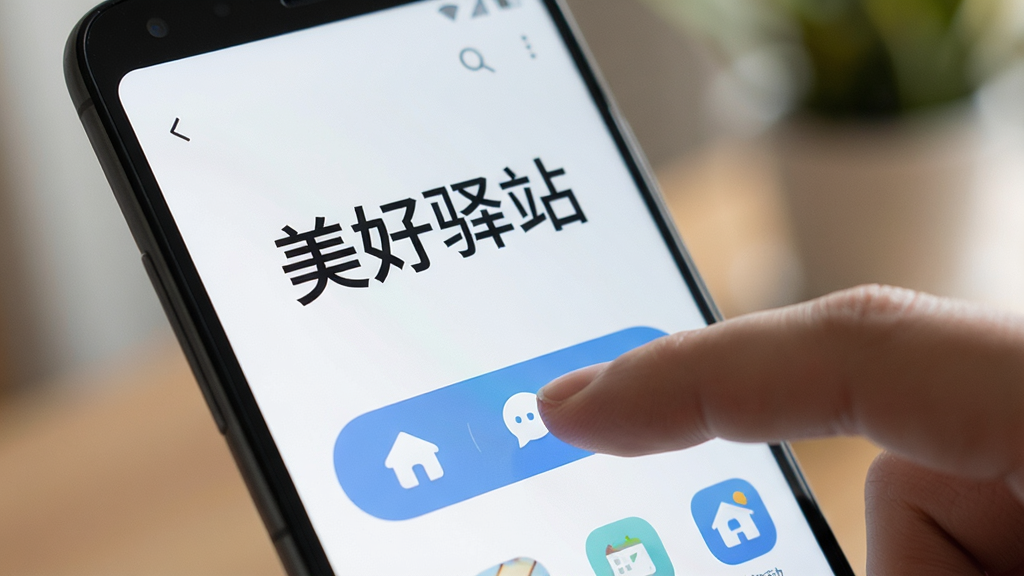 一部安卓手机特写,屏幕显示“美好驿站”应用的主页,页面布局简洁,大号字体与圆润图标搭配,手指正在轻触屏幕上的一个功能按钮,背景虚化处理,画面风格写实,光线柔和,画质细腻干净,突出流畅交互感