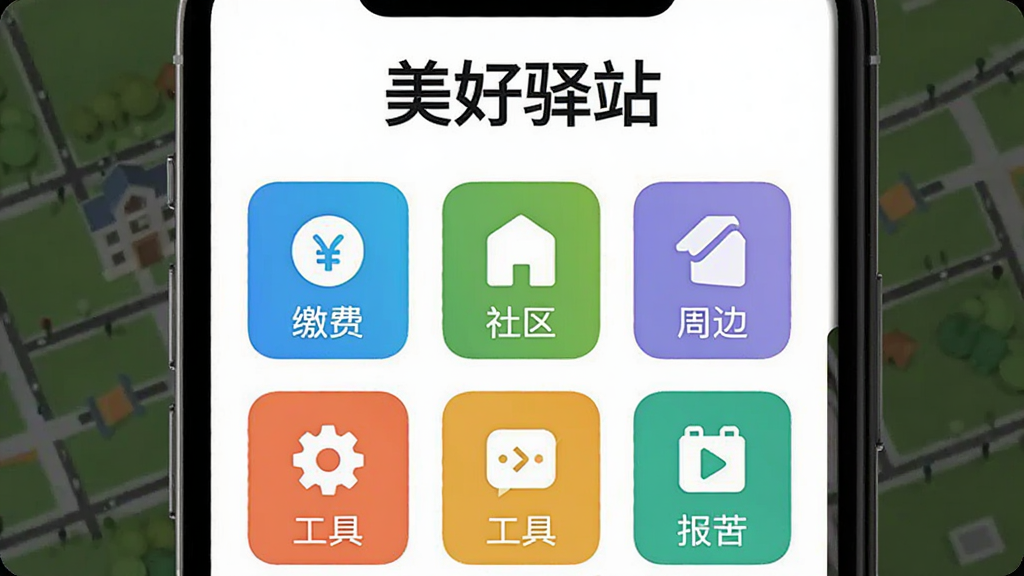 画面展示一个整洁的手机应用界面,顶部标题为“美好驿站”,下方以网格形式排列着多个彩色功能图标,分别代表缴费、社区、周边、工具等类别,界面布局疏朗有致,风格简约现代,画质清晰干净,文字“美好驿站”醒目显示