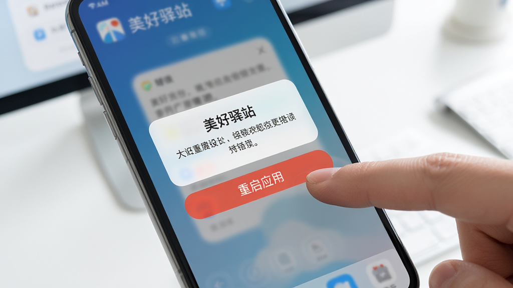 一部手机屏幕显示“美好驿站”应用出现错误提示弹窗,旁边有手指正在点击“重启应用”按钮,背景是简洁的桌面环境,画面风格写实,光线明亮,画质清晰干净,无多余元素