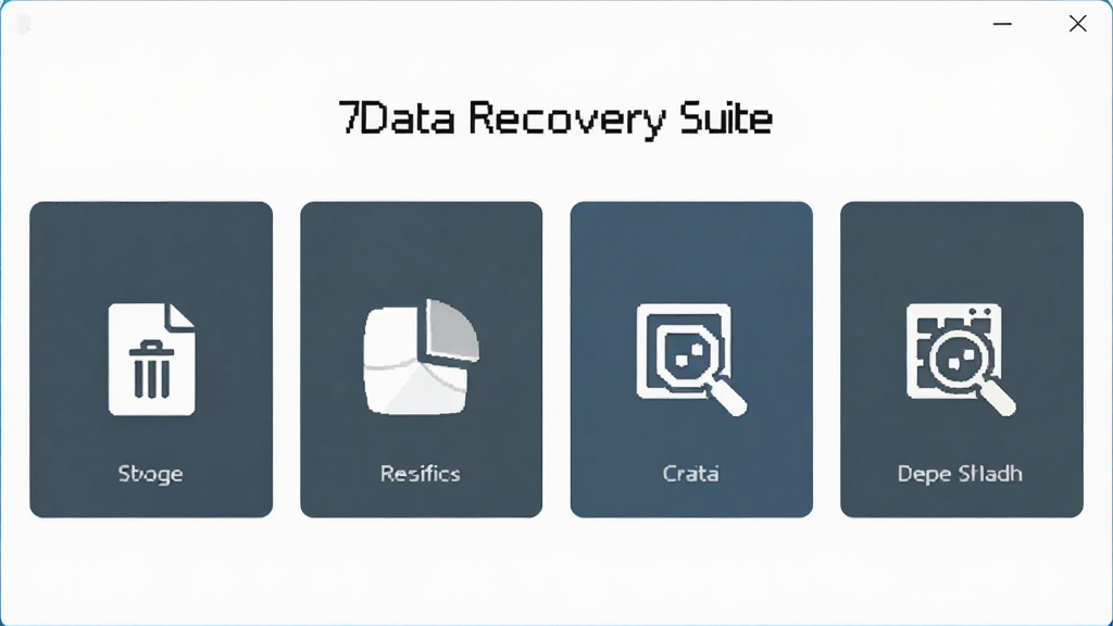 7Data Recovery Suite 四种恢复模式选择界面,主体为四个功能卡片并排显示,布局为居中对称,排版整齐,风格为扁平化设计,细节包含删除文件图标、分区图标、深度扫描图标,画质清晰,干净,无多余元素