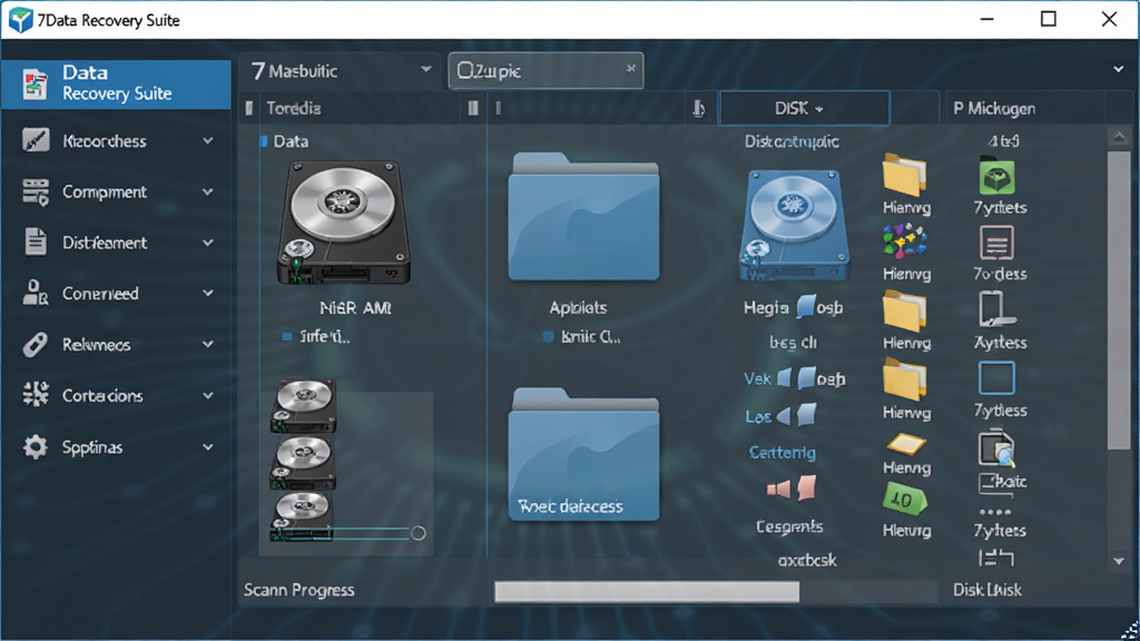 7Data Recovery Suite 软件界面展示,主体为软件主窗口,布局为左侧功能导航栏与右侧磁盘分区列表,排版清晰,风格为现代科技感,细节包含硬盘图标、文件类型分类图标、扫描进度条,画质高清,干净,无多余元素