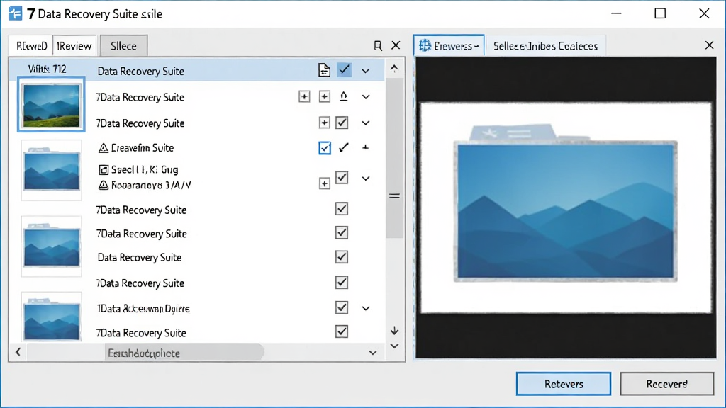 7Data Recovery Suite 文件预览与勾选恢复界面,主体为文件列表与预览窗格,布局为左右分栏,排版紧凑,风格为实用工具风格,细节包含图片缩略图、文件名列表、复选框、恢复按钮,画质清晰,干净,无多余元素