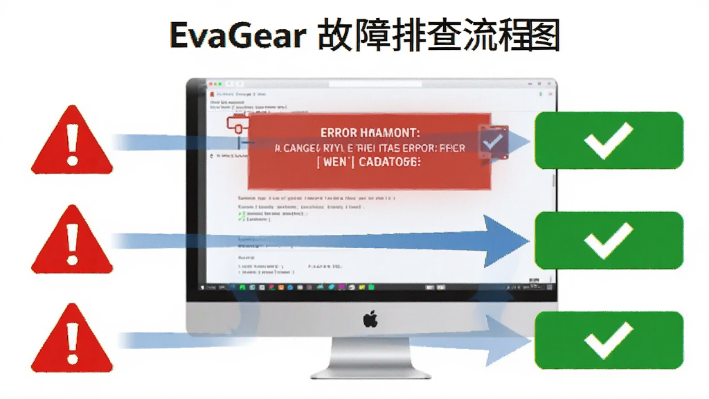 EvaGear 故障排查流程图,主体为电脑屏幕显示错误提示与解决方案步骤,布局从上到下依次排列问题图标与修复按钮,排版清晰直观,风格为信息图表设计,细节包括红色警告标志、蓝色修复箭头、绿色完成勾选,画质 4K 干净无多余元素