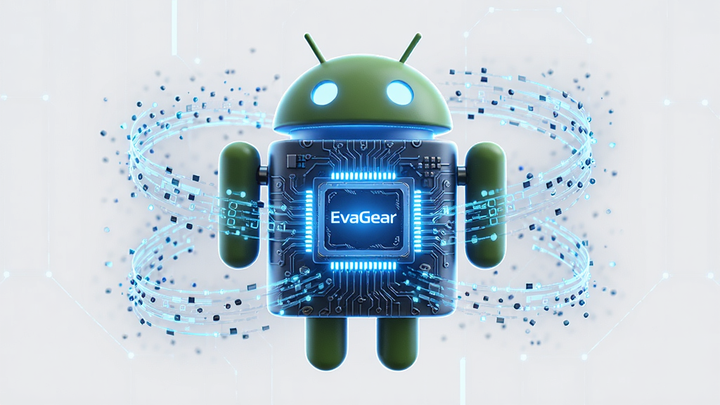 EvaGear 性能引擎概念图,主体为发光的芯片与数据流环绕安卓机器人,布局居中对称,排版突出科技感,风格为未来主义数字艺术,细节包括电路纹理、蓝色光效、粒子特效,画质 4K 干净无多余元素