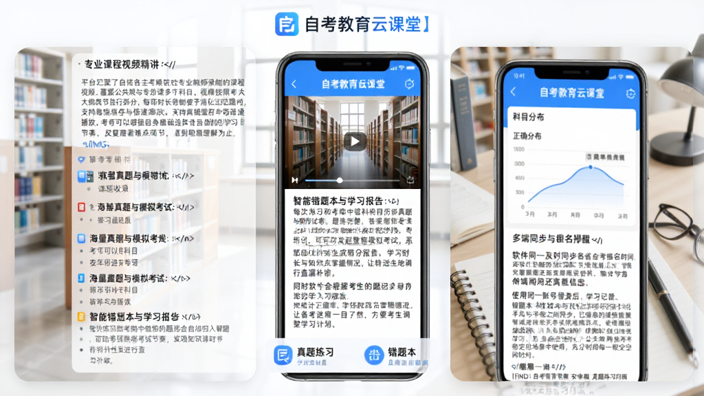�Կ������ƿ��á��ֻ�APP���������չʾ���Ϸ�Ϊ�������ơ��Կ������ƿ��á����ֱ�ʶ���в�Ϊ�γ��б���ѧϰ���ȿ�Ƭ���·�Ϊ������ϰ����Ȿ������ڣ��������������ɫ������񣬱�ƽ��UI��ƣ�����ɾ����࣬�޶���װ��Ԫ�أ����廭�ʣ��ʺ�����վչʾ��<\/p><h3>������ɫ</h3><h4>רҵ�γ���Ƶ����:<\/h4><p>ƽ̨������Կ�������ԺУ��רҵ��ʦ¼�ƵĿγ���Ƶ�����ǹ�������רҵ�ζ����Ŀ����Ƶ���տ��Դ���½ڽ��в�֣�ÿ��ʱ�������ڱ��������ķ�Χ�ڣ�֧�����߻����뱶�ٲ��ţ��������Ը�����������ѡ����ʵ�ѧϰ���࣬�����ۿ��ѵ��½ڣ�ֱ����������Ϊֹ��<\/p>[[IMG:�Կ������ƿ��á������������һ�������ֻ�����Ļ��չʾ���Կ������ƿ��á��γ̲��Ž��棬��Ƶ�����·�Ϊ�½��б��벥�Ž�����������Ϊ��ѧͼ�����ܣ���������������ͻ������ѧϰ���������廭�ʣ�������Ԫ�ء�<\/p><h4>����������ģ�⿼��:<\/h4><p>������¼�˽������Կ�����Ŀ������������ģ���Ծ�������������������������������԰���Ŀ������ݽ���ר����ϰ��Ҳ���Է�������ģ�⿼�ԣ�ϵͳ�Զ���ʱ�����ɵ÷ֱ��棬����������Ϥ���Խ��࣬����֪ʶ�������ڣ�������Եؽ��в�©��ȱ��<\/p><h4>���ܴ��Ȿ��ѧϰ����:<\/h4><p>ÿ����ϰ�Ϳ�������������Ŀ���Զ�������Ȿ��֧�ְ���Ŀ����鿴��������ͬʱ��������ݿ����������¼����ѧϰ���棬ͳ����ȷ�ʡ�ѧϰʱ����֪ʶ������������ñ�������һĿ��Ȼ�����㿼������ѧϰ�ƻ���<\/p>[[IMG:�Կ������ƿ��á�����Ϊ�ֻ���Ļ��д����Ļ��չʾ���Կ������ƿ��á����Ȿ������ѧϰ����ͼ����ͼ��������ȷ���������Ŀ�ֲ�������Ϊ������ʼǱ���������¼�Լ��ͻ�����ݷ������ܣ����廭�ʣ��޶���Ԫ�ء�<\/p><h4>������Ѷ�뱨������:<\/h4><p>�����ἰʱͬ����ʡ�Կ�����ʱ�䡢���԰��š��ɼ���ѯ��֪ͨ���棬������������ҳ��������ؼ�ʱ��ڵ㣬����������������Զ������ҵ���ȡ�������Ҫ���ѻ�֧����Ϣ���ͣ�ȷ��������һʱ���ȡ��Ϣ��<\/p><h4>���ͬ��������ѧϰ:<\/h4><p>ʹ��ͬһ�˺ŵ�¼��ѧϰ��¼�����Ȿ���ղ����ݿ����ֻ���ƽ��֮��ͬ�����ѻ���Ŀγ���Ƶ���Ծ�֧�������绷���¼���ѧϰ���ʺ��ڵ��������������粻�ȶ��ĳ�����ʹ�ã��������ÿһ�ο���ʱ�䡣<\/p><h3>���ֱܿ�ָ��<\/h3>1��<span style=