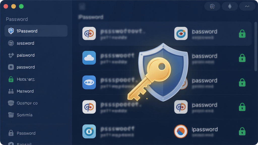 一张展示 1Password 软件主界面的图片,主体为深蓝色调的密码保险库列表,左侧边栏显示分类标签,右侧主区域排列着网站图标与账号条目,画面中央悬浮着一把发光的金色钥匙与盾牌组合图标,布局采用左右分栏排版,风格为现代扁平化科技感,细节包含模糊处理的密码字符与绿色安全锁标识,画质清晰,干净无多余元素