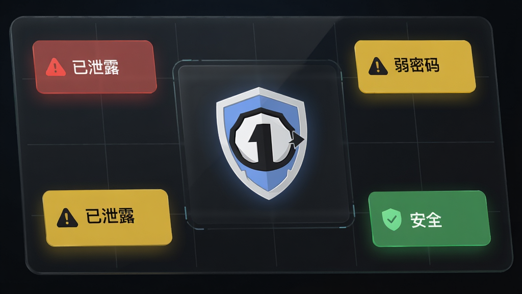 画面展示一个虚拟仪表盘界面,仪表盘中央是 1Password 的盾牌标志,周围环绕着几个不同颜色的警示卡片,红色卡片标注“已泄露”,黄色卡片标注“弱密码”,绿色卡片标注“安全”,背景为深色半透明玻璃质感,风格为数据可视化安全报告,细节包含微弱的网格线与发光边框,画质干净锐利,无多余元素