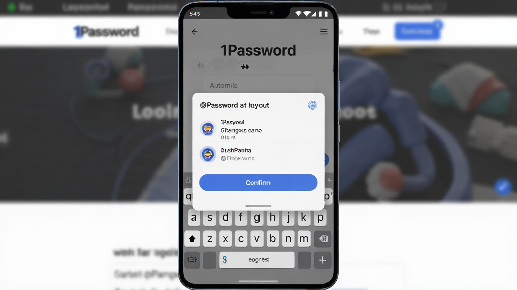 一张展示 1Password 在手机端自动填充登录界面的图片,画面为一部竖屏安卓手机,屏幕显示某网站登录页,1Password 的填充弹窗悬浮在键盘上方,弹窗内列出两个账号选项,背景为模糊的网页内容,风格为移动端 UI 截图模拟,细节包含指纹图标与蓝色确认按钮,画质清晰,干净无多余元素