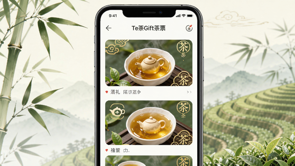 TeaGift��ƱӦ��������չʾ������������һ�������ֻ�����Ļ����ʾ�ž��µĲ���Ƭ�б��Ͳ��ͼ�꣬�����ǵ��ŵ���Ҷ���ɽ������ֲ��þ��й�ͼ�����Ϊ���¹���廭��ϸ���ϲ���ɫ���ơ���Ƭ�����̽����������ʸ��壬�ɾ����޶���Ԫ�ء�